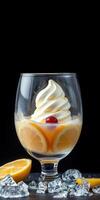 Refreshing dessert treat featuring creamy soft serve and fresh lemon slices served in a stylish glass bowl photo