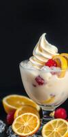 Delicious dessert featuring soft serve ice cream, fresh raspberries, and lemon slices served in a glass bowl photo