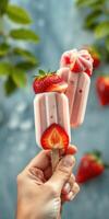 Delicious strawberry popsicles are held up against a vibrant blue background featuring fresh strawberries photo