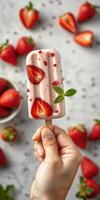 Delicious strawberry ice cream pop held above fresh strawberries on a gray surface showcasing vibrant colors and textures photo