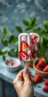 Enjoying homemade strawberry popsicles on a sunny day with fresh strawberries photo