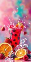 Refreshing fruit beverage with vibrant colors and splashes on a playful background photo