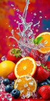 Colorful fruit display with splashes of water on a vibrant background in a studio setting photo
