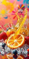 Fresh fruit splash with vibrant colors and citrus juice in a creative setup photo