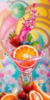 Colorful fruit cocktail with splash and vibrant background showcases refreshing summer drink experience photo