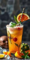 Colorful tropical cocktail garnished with fruit and surrounded by decorative elements on a dark background photo