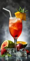 Refreshing tropical cocktail with fresh fruits and ice on a dark background photo