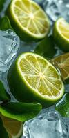 Freshly sliced limes on ice with green leaves in a cool summer setting photo
