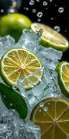 Freshly cut lime slices with ice cubes and droplets against a dark background photo