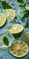 Fresh lime slices with ice and water splashes create a refreshing summer vibe in a close-up setting photo