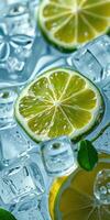 Refreshing slices of lime surrounded by ice cubes in a cool drink setting photo