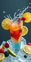 Colorful layered cocktail with fruits splash, showing refreshing drink on a vibrant backdrop photo