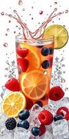 Refreshing summer beverage with fresh fruits and ice in a stylish glass photo