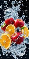 Fresh fruits splash into cool water creating a vibrant display of apples, oranges, and blueberries photo