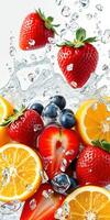 Fresh fruits splashing in water create a vibrant and refreshing display during a bright summer day photo