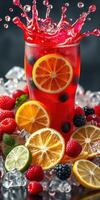 Refreshing summer beverage with citrus fruits and berries splashing in a glass filled with ice photo