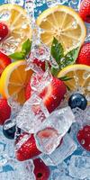 Fresh fruits splashing in ice water with vibrant colors and refreshing appeal for summer drinks photo