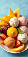 Colorful dessert plate featuring ice cream and fresh fruits on a blue background during a sunny afternoon photo
