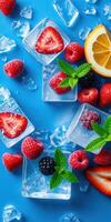 Colorful fruit and ice arrangement showcases summer refreshment on blue background with fresh berries and citrus slices photo