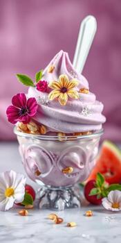Delightful dessert with purple soft serve topped with edible flowers and nuts in a clear glass bowl on a marble surface photo