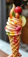 Delicious swirled ice cream cone topped with fresh fruits and vibrant sauces at a local dessert shop photo