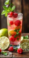 Refreshing raspberry lime drink garnished with mint leaves and lime slices photo