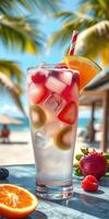 Refreshing fruit cocktail served in a glass under palm trees at a beach resort during sunny weather photo