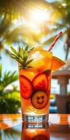 Refreshing tropical drink served in a glass with fresh fruit garnishes on a sunny beach terrace photo