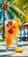 Refreshing drink with citrus fruits served on a sunny beachside table photo