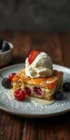 Delicious dessert features cherry and blueberry cake topped with creamy whipped cream in rustic setting photo