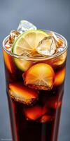 Refreshing beverage with ice and lime slices served in a glass against a muted backdrop photo