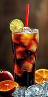 Refreshing beverage with citrus garnishes served in a tall glass on a wooden table photo