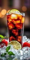 Refreshing iced drink with lime and strawberries on crushed ice ready for summer enjoyment photo
