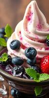 Delicious dessert featuring soft serve ice cream topped with fresh berries and mint leaves on a rustic wooden table photo