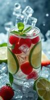 Refreshing summer drink with raspberries and lime served over crushed ice in a vibrant presentation photo