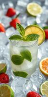 Refreshing mint and citrus cocktail served with strawberries over ice on a summer day photo