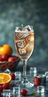 Refreshing fruity drink served in a tall glass with ice and fresh berries on a rustic table photo