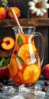 Refreshing fruit punch with peaches and cherries served in a glass pitcher photo