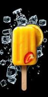 Bright orange popsicle with strawberry and ice cubes in a refreshing summer display photo