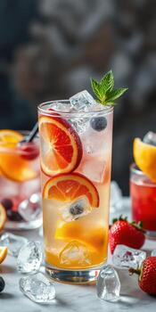 Refreshing summer drink with citrus fruits and berries served in a tall glass with ice photo