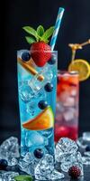 Refreshing summer cocktails with fresh fruits and ice in vibrant colors photo