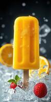 Bright yellow popsicle surrounded by fresh fruits and ice cubes creates a refreshing summer treat display photo