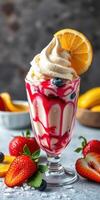 Colorful dessert served in a glass with fruit and whipped cream at a bright cafe photo