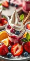 Fresh berry dessert served in a glass with whipped cream and mint, showcasing vibrant colors on a sunny day photo