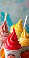 Colorful soft serve ice cream cones displayed with vibrant toppings at a summer festival photo