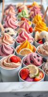 Colorful assortment of gelato cups with vibrant flavors and fresh fruit toppings at a dessert shop photo