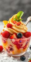 Delicious fruit parfait with whipped cream on a light background showcasing freshness and vibrant colors photo