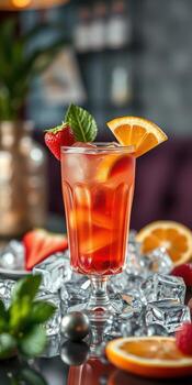 Bright and refreshing summer cocktail garnished with fruits on a decorative serving tray with ice photo