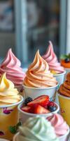 Colorful soft serve ice cream cups displayed with fresh fruit toppings in a bright setting photo