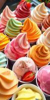 Variety of colorful soft serve ice cream in cups displayed at a vibrant dessert shop photo